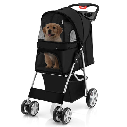 4-Wheel Folding Pet Stroller with Mesh Windows &amp;amp; Storage Basket-Black