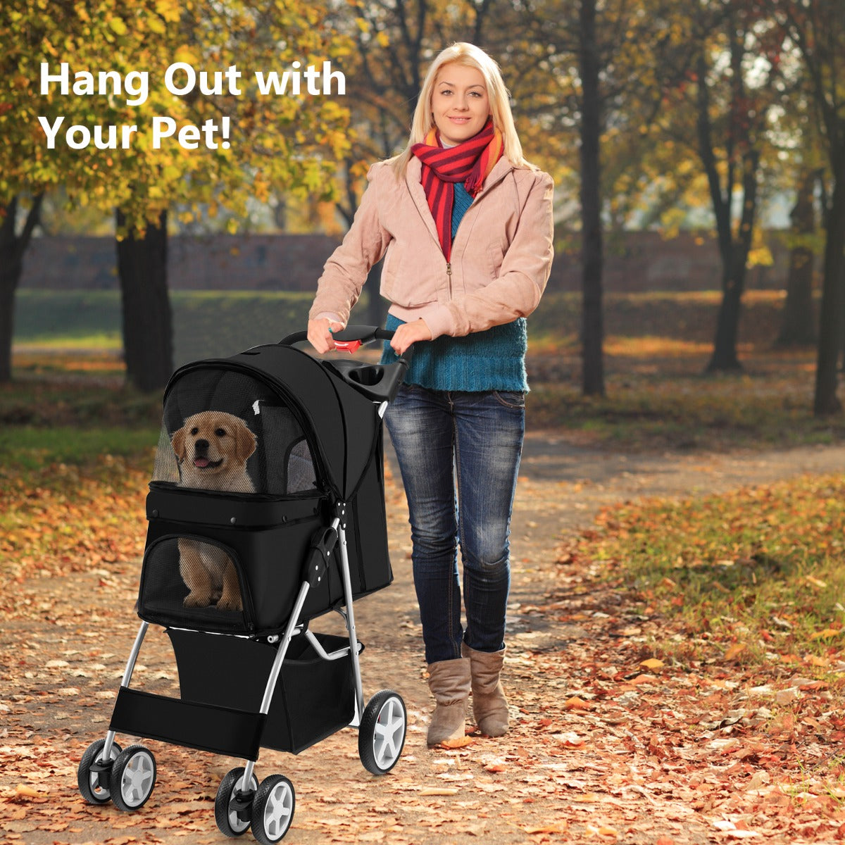 4-Wheel Folding Pet Stroller with Mesh Windows &amp;amp; Storage Basket-Black