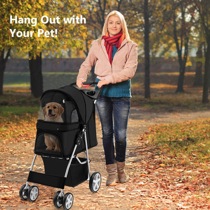 4-Wheel Folding Pet Stroller with Mesh Windows &amp;amp; Storage Basket-Black