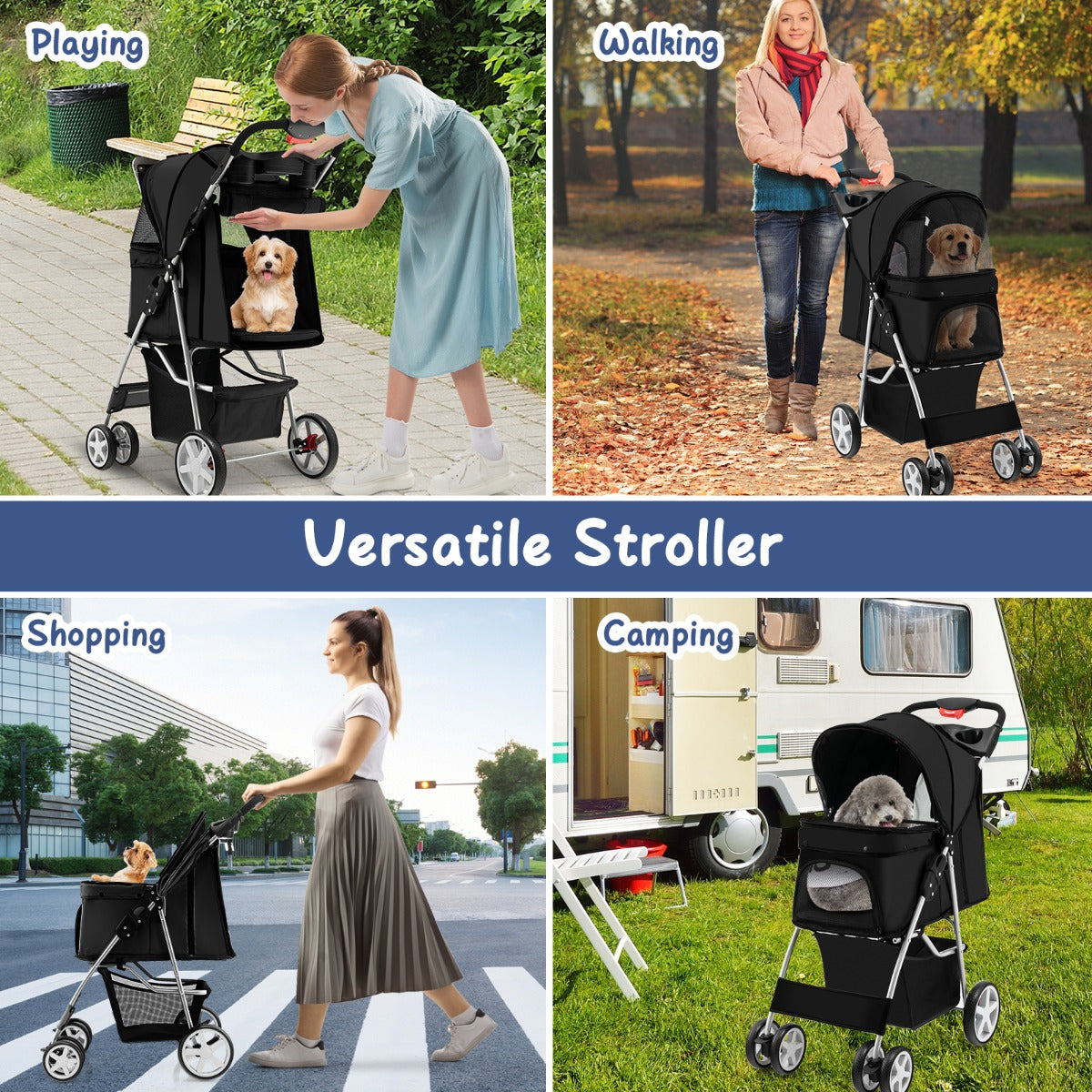4-Wheel Folding Pet Stroller with Mesh Windows &amp;amp; Storage Basket-Black