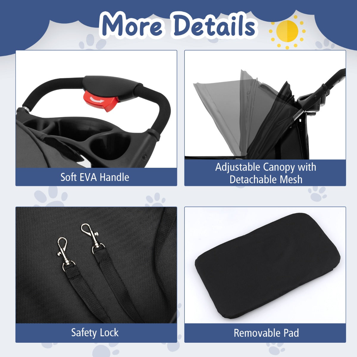 4-Wheel Folding Pet Stroller with Mesh Windows &amp;amp; Storage Basket-Black