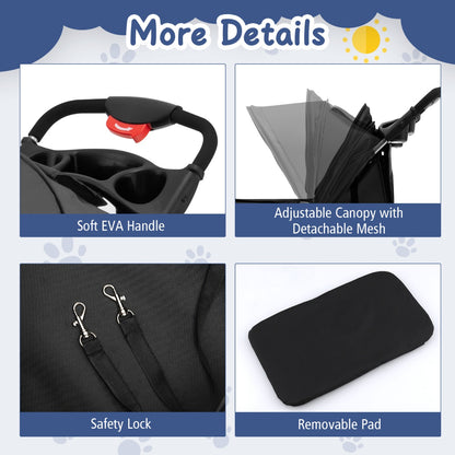 4-Wheel Folding Pet Stroller with Mesh Windows &amp;amp; Storage Basket-Black