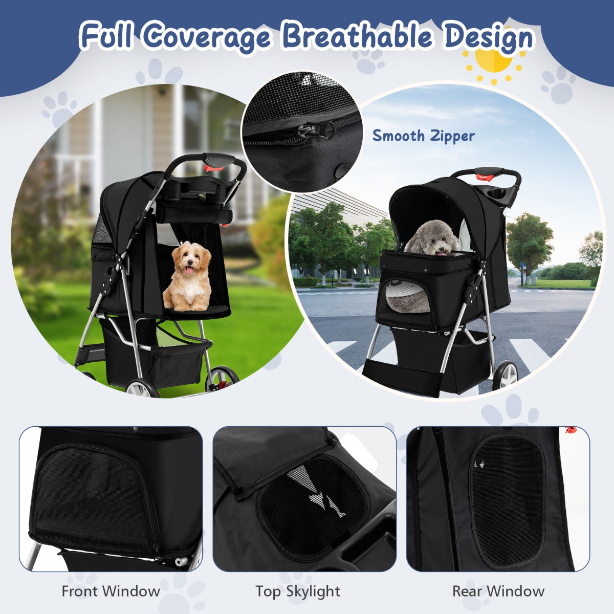 4-Wheel Folding Pet Stroller with Mesh Windows &amp;amp; Storage Basket-Black