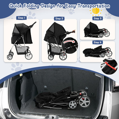 4-Wheel Folding Pet Stroller with Mesh Windows &amp;amp; Storage Basket-Black