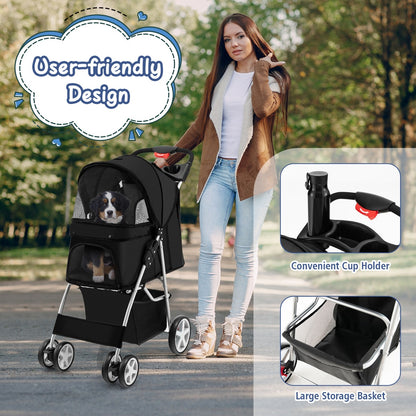 4-Wheel Folding Pet Stroller with Mesh Windows &amp;amp; Storage Basket-Black