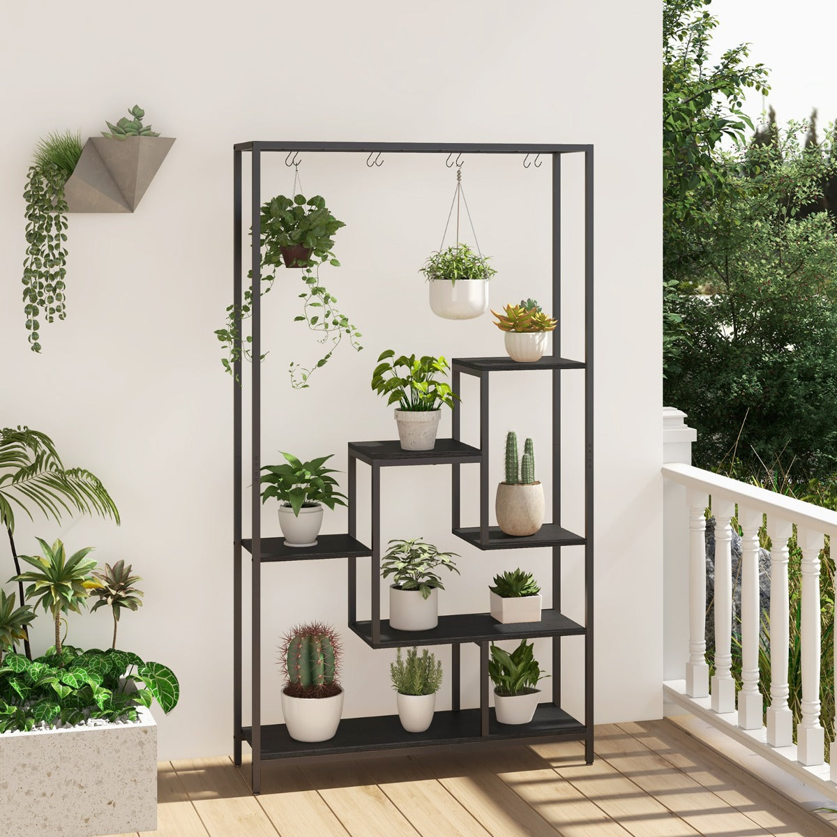 Staggered plant shelves help greenery receive sunlight while creating an attractive indoor garden display