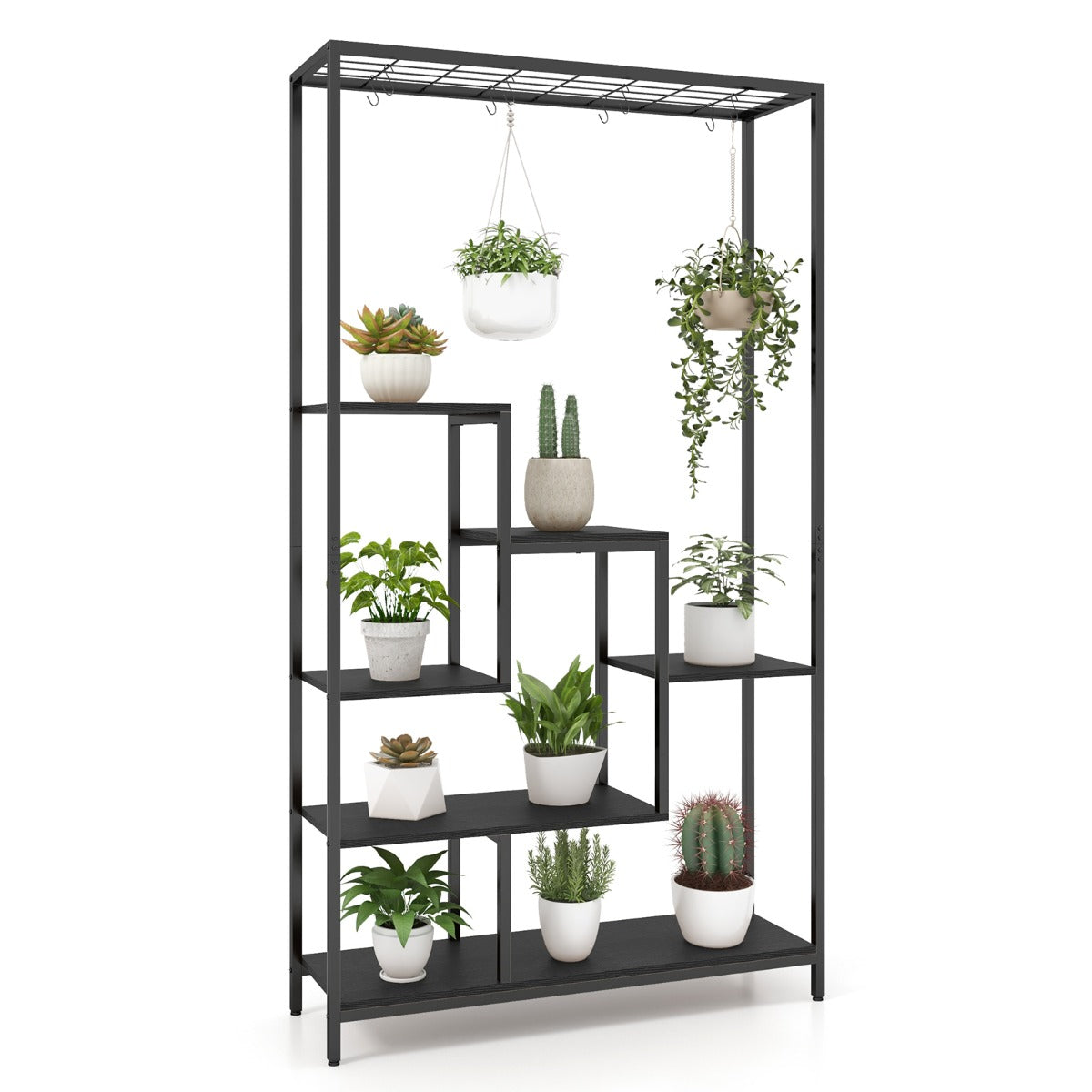 Multi-level metal plant rack maximizes vertical space for plants, books, baskets, and décor