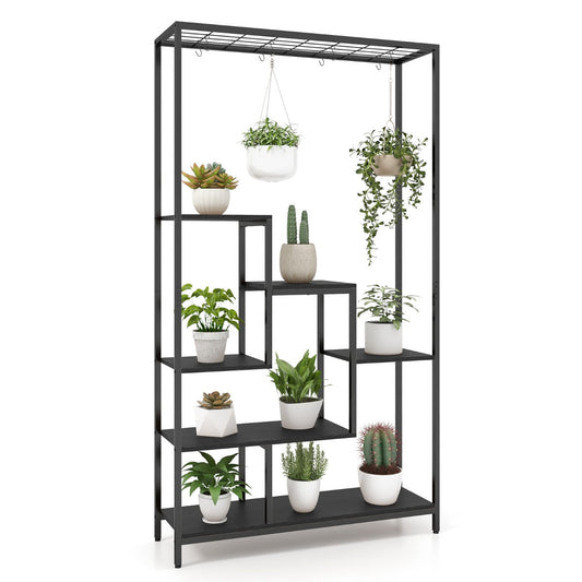 Multi-level metal plant rack maximizes vertical space for plants, books, baskets, and décor