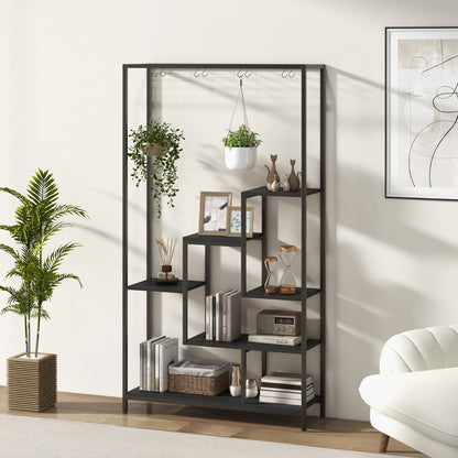 Costway 6-tier Tall Plant Stand with 10 Hanging Hooks and Wire Shelf for Multiple Plants-Black