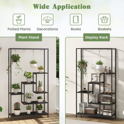 Costway 6-tier Tall Plant Stand with 10 Hanging Hooks and Wire Shelf for Multiple Plants-Black