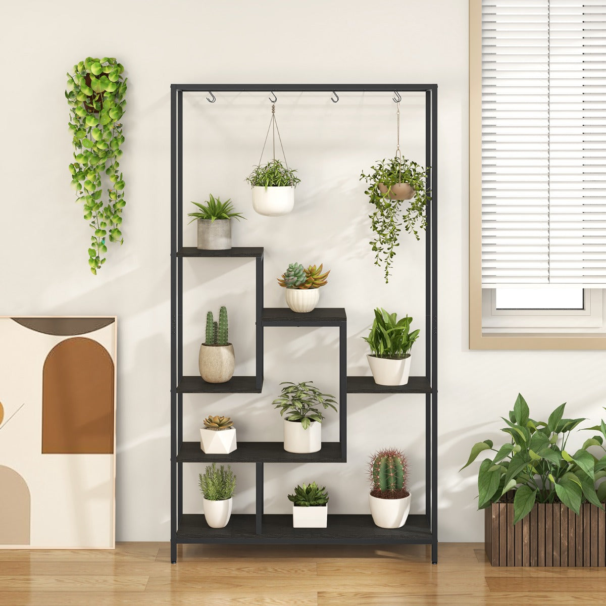 Indoor plant rack features wood-look shelves that are easy to clean and suitable for everyday use