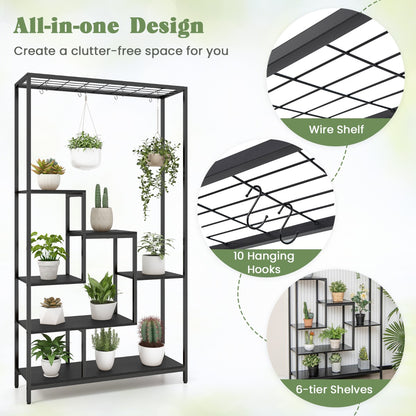 Costway 6-tier Tall Plant Stand with 10 Hanging Hooks and Wire Shelf for Multiple Plants-Black