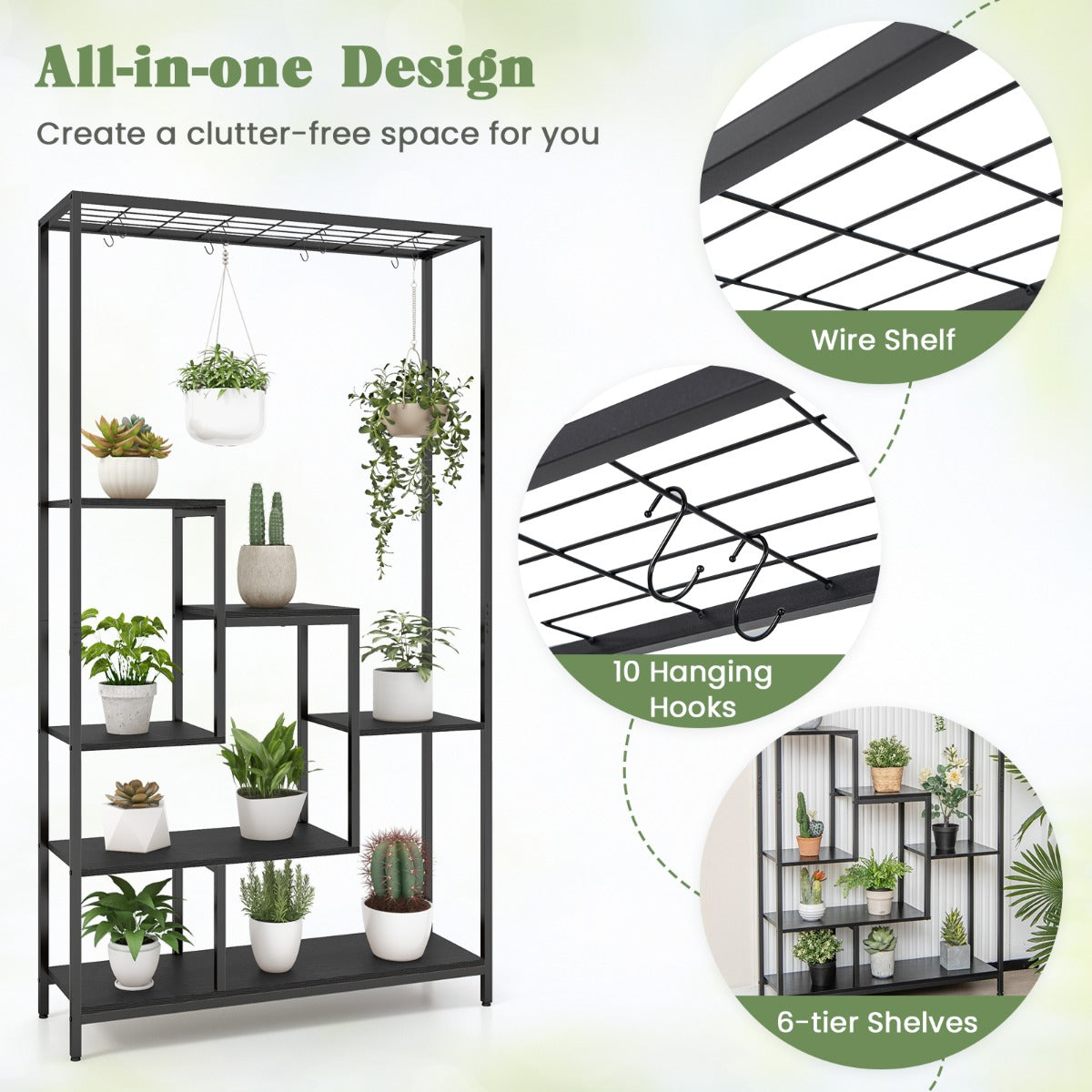 Six-tier plant display stand includes an anti-tipping kit for secure placement beside a wall