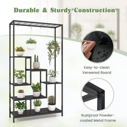 Costway 6-tier Tall Plant Stand with 10 Hanging Hooks and Wire Shelf for Multiple Plants-Black