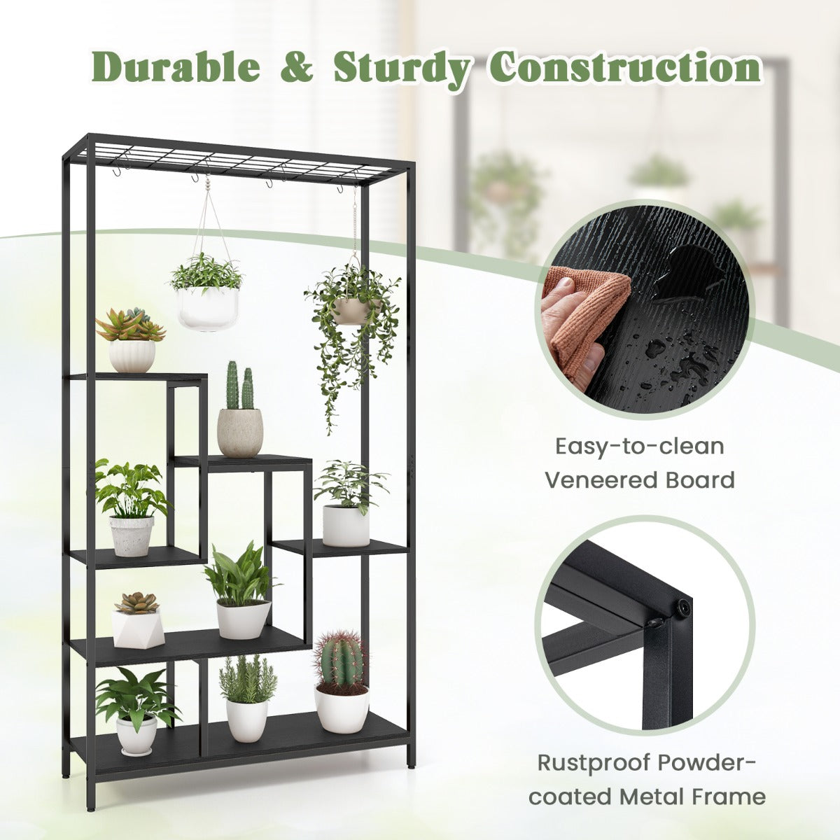 Versatile metal shelving unit organizes potted plants, books, toys, crafts, and decorative accessories