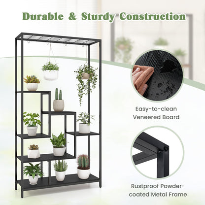 Versatile metal shelving unit organizes potted plants, books, toys, crafts, and decorative accessories
