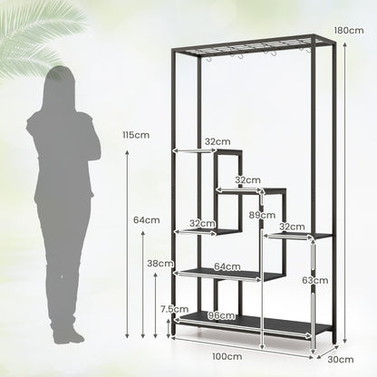 Costway 6-tier Tall Plant Stand with 10 Hanging Hooks and Wire Shelf for Multiple Plants-Black