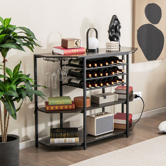 Costway Wine Rack Table with Power Outlets for Kitchen Dining Room-Grey