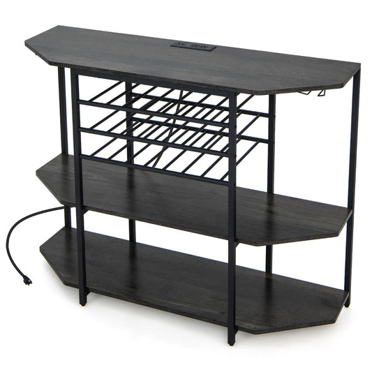 Three-tier wine rack stores up to 21 bottles while four rows hold up to eight wine glasses