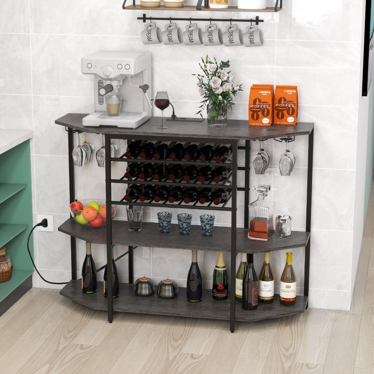 Thickened engineered wood boards and heavy-duty metal tubes create a sturdy bar cabinet