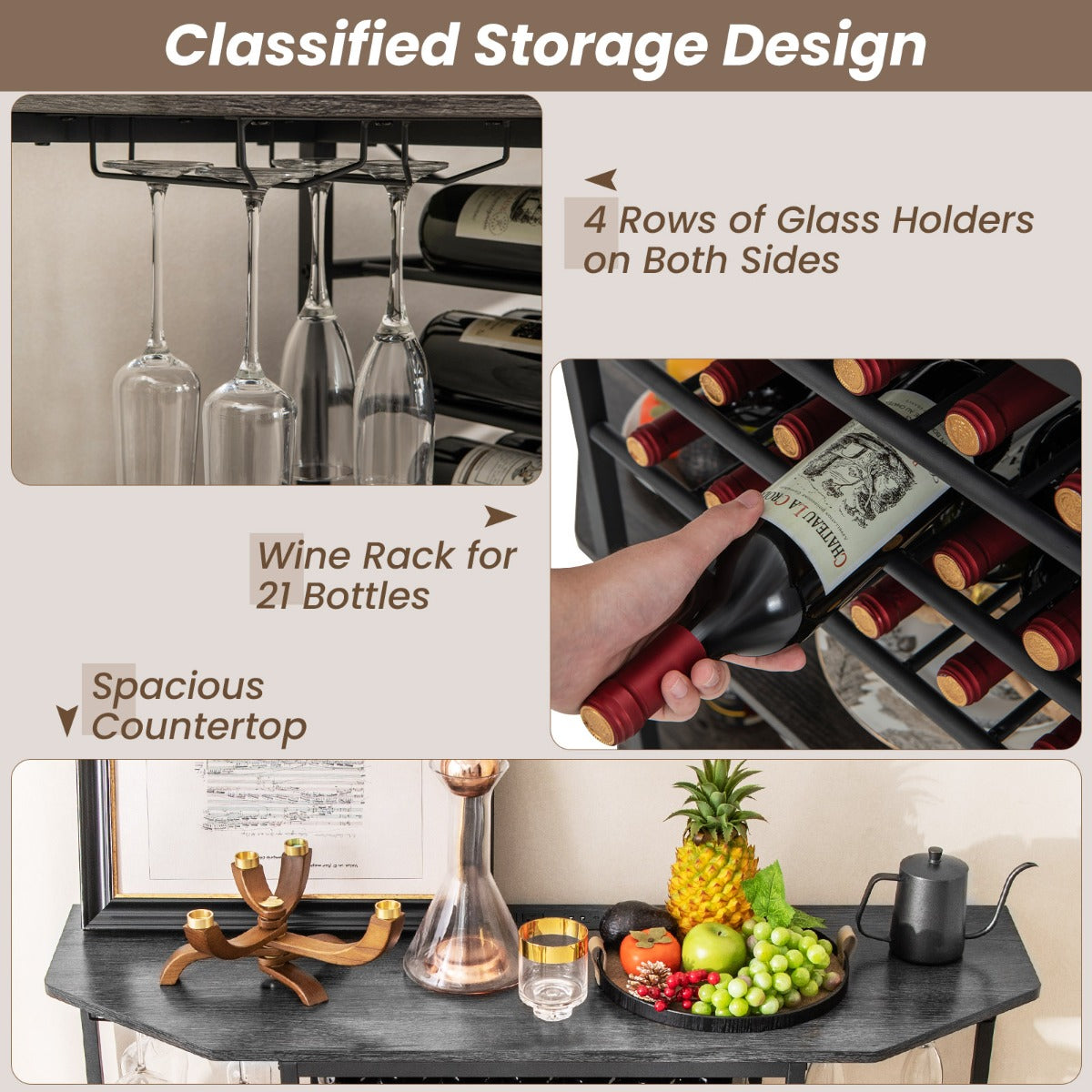 Costway Wine Rack Table with Power Outlets for Kitchen Dining Room-Grey