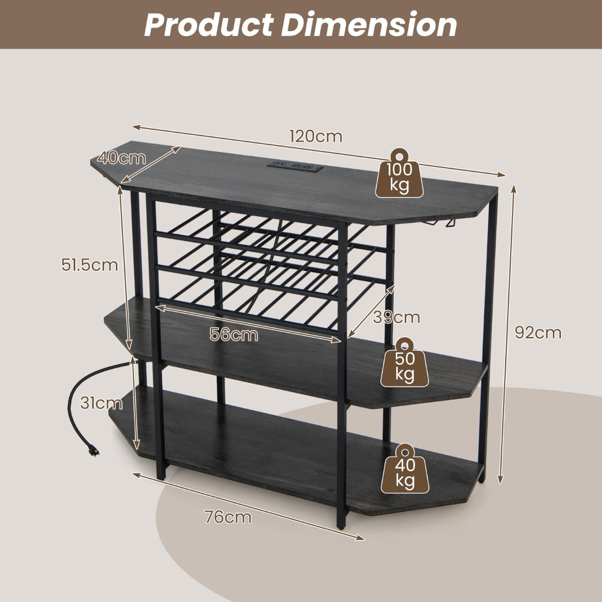Costway Wine Rack Table with Power Outlets for Kitchen Dining Room-Grey