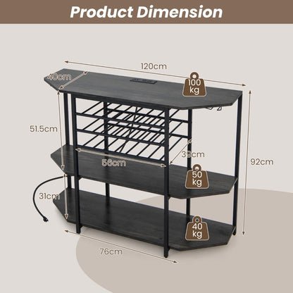 Rustic wine rack table combines bottle storage, glass holders, shelves and a convenient charging station