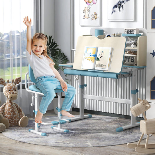 Costway Height Adjustable Children Study Desk with Tilt Desktop for 3-12 Years Old-Blue