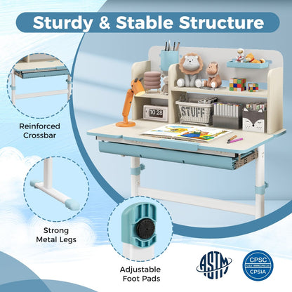 Costway Height Adjustable Children Study Desk with Tilt Desktop for 3-12 Years Old-Blue