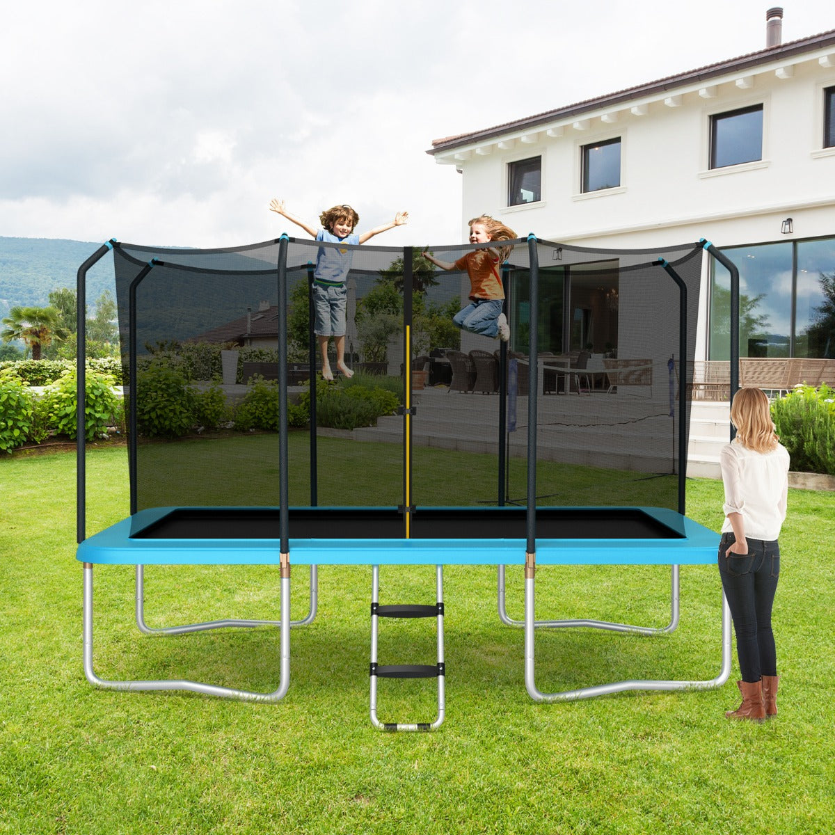 430 cm x 250 cm Rectangular Trampoline with Enclosure Net for Kids and Adults-Blue