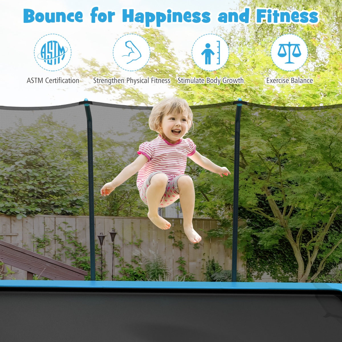 430 cm x 250 cm Rectangular Trampoline with Enclosure Net for Kids and Adults-Blue