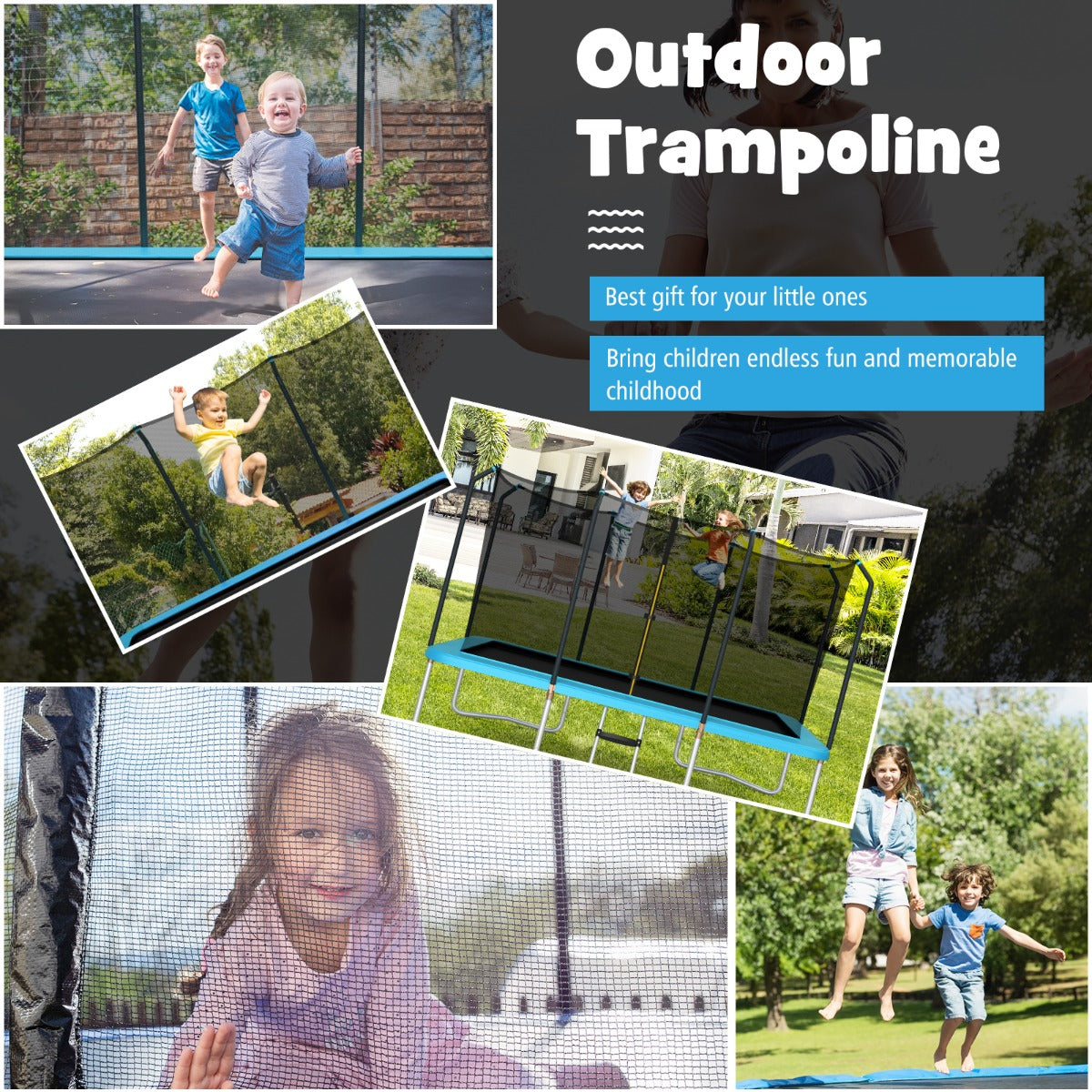 430 cm x 250 cm Rectangular Trampoline with Enclosure Net for Kids and Adults-Blue
