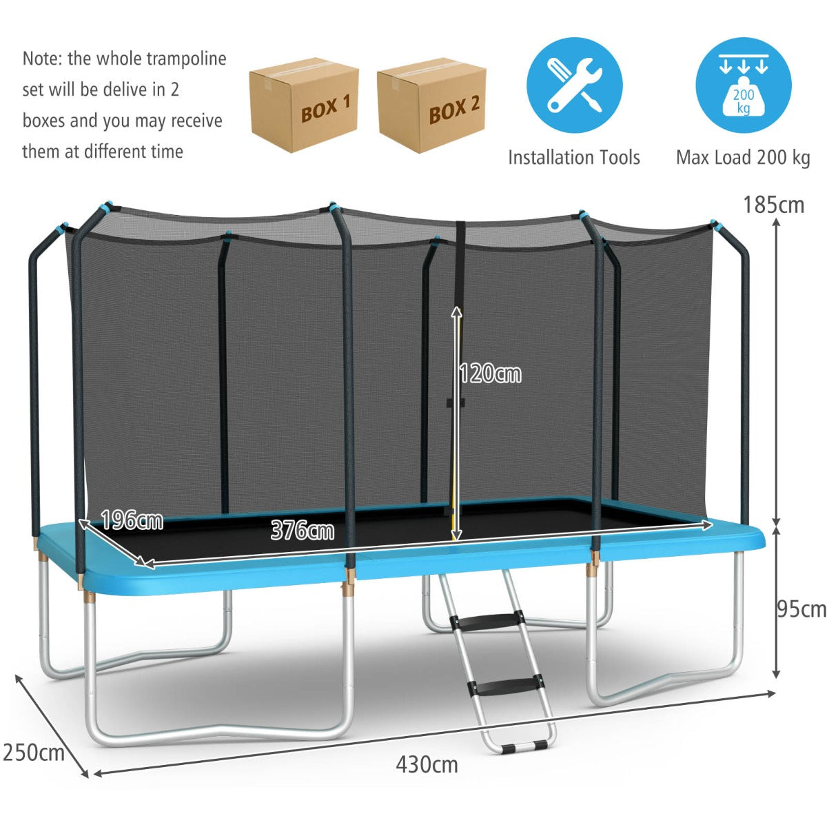 430 cm x 250 cm Rectangular Trampoline with Enclosure Net for Kids and Adults-Blue