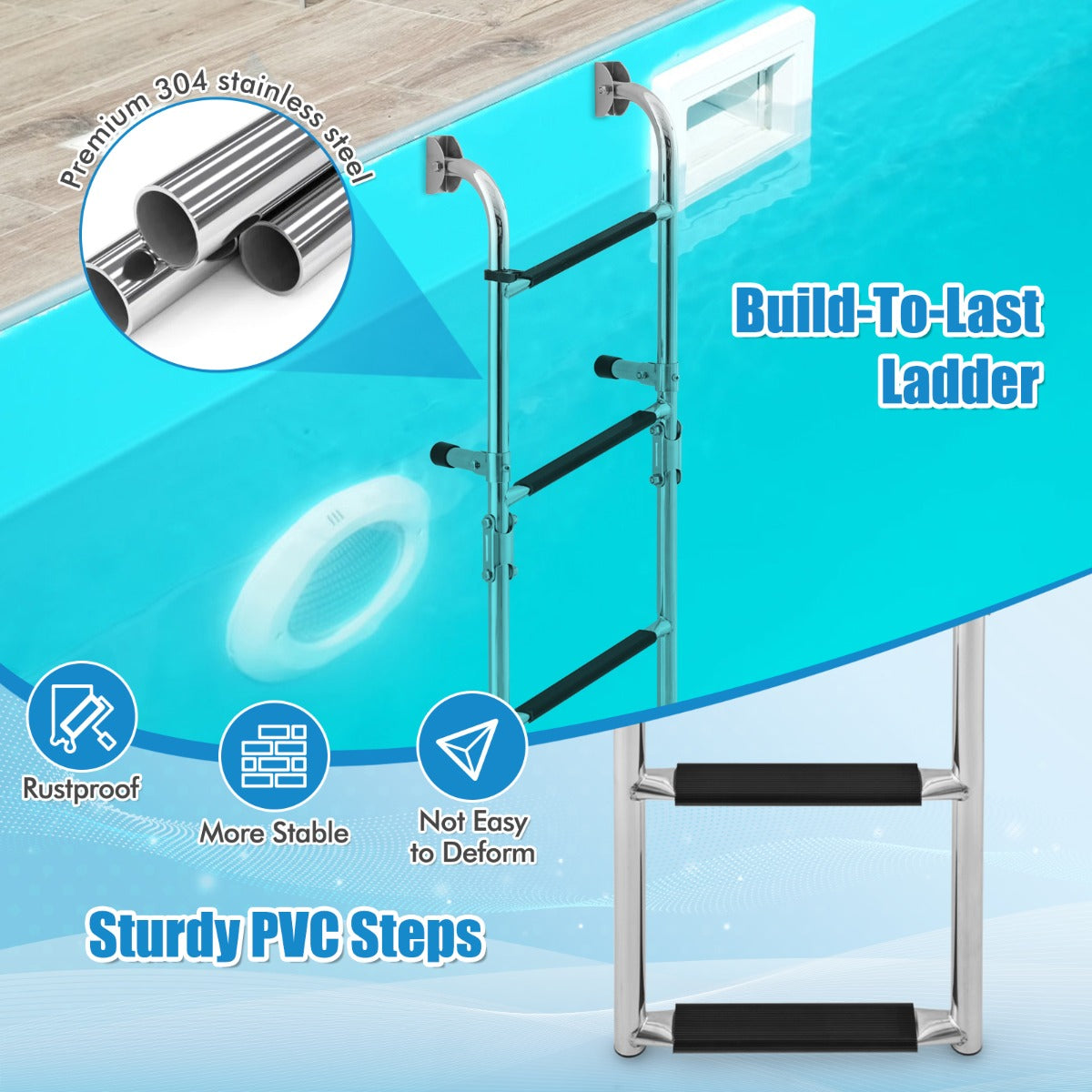 Costway Folding 3 Step Ladder Anti-slip Boat Ladder with Sturdy PVC Steps