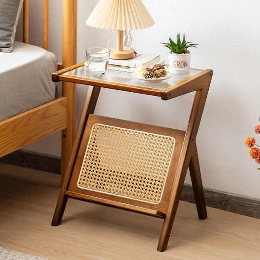 Z-shaped Boho Bamboo End Table with Tempered Glass Top-Brown