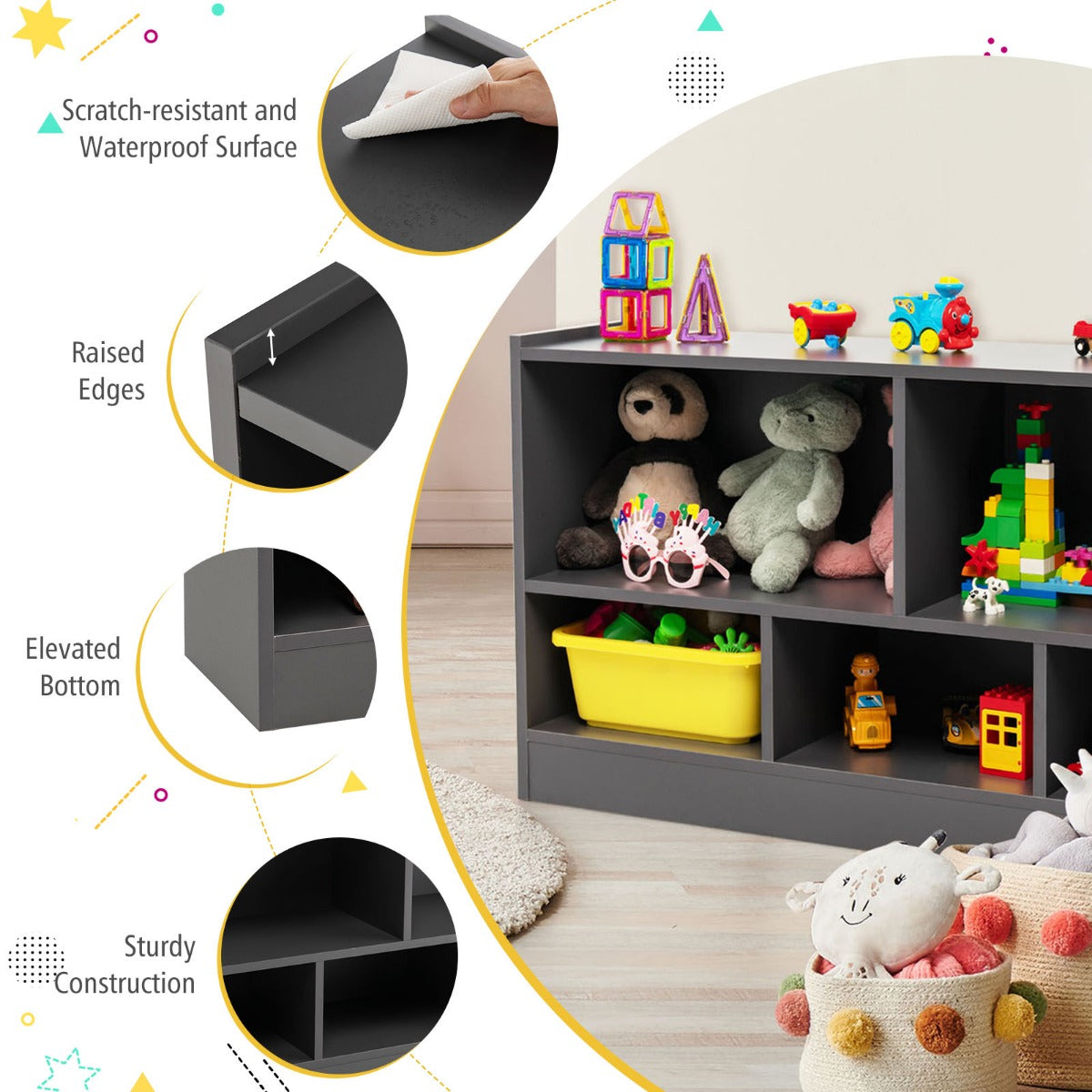Low-height storage cabinet helps children independently organize toys, books, art supplies, and games