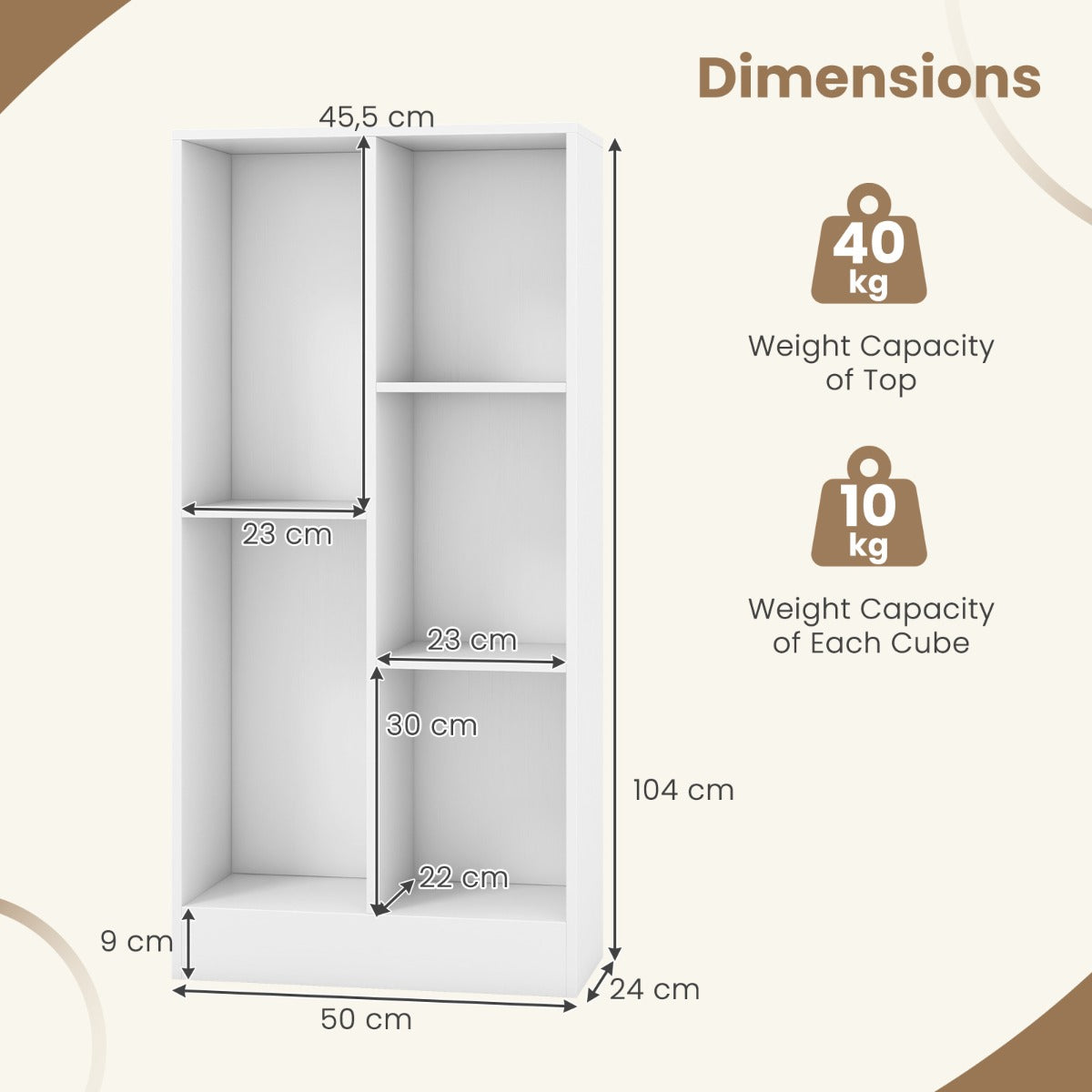 Costway 5-Cube Freestanding Storage Bookshelf with 2 Anti-Tipping Kits-White