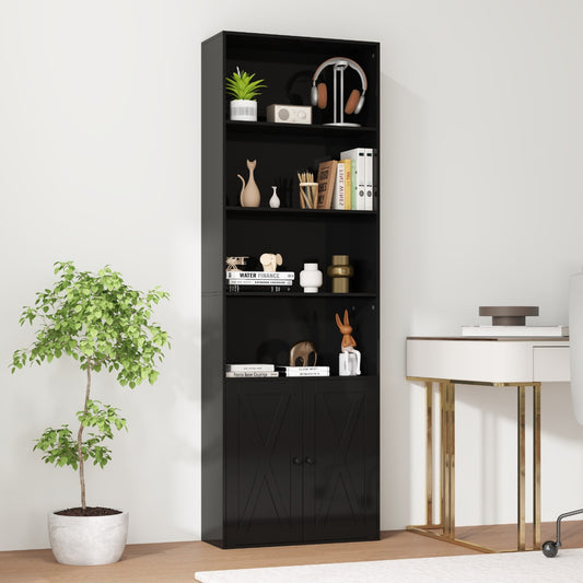 180cm Freestanding Farmhouse Bookcase with Doors 6 Shelves-Black
