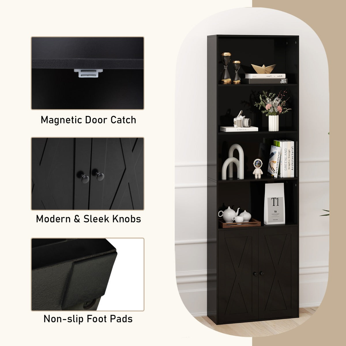 180cm Freestanding Farmhouse Bookcase with Doors 6 Shelves-Black