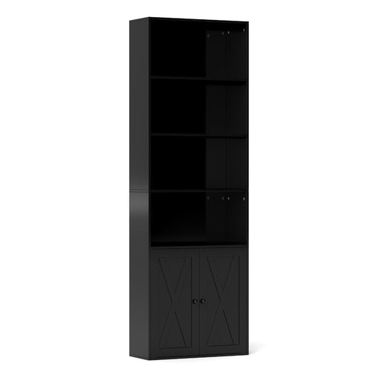 180cm Freestanding Farmhouse Bookcase with Doors 6 Shelves-Black