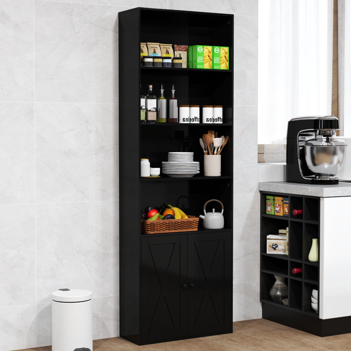 180cm Freestanding Farmhouse Bookcase with Doors 6 Shelves-Black