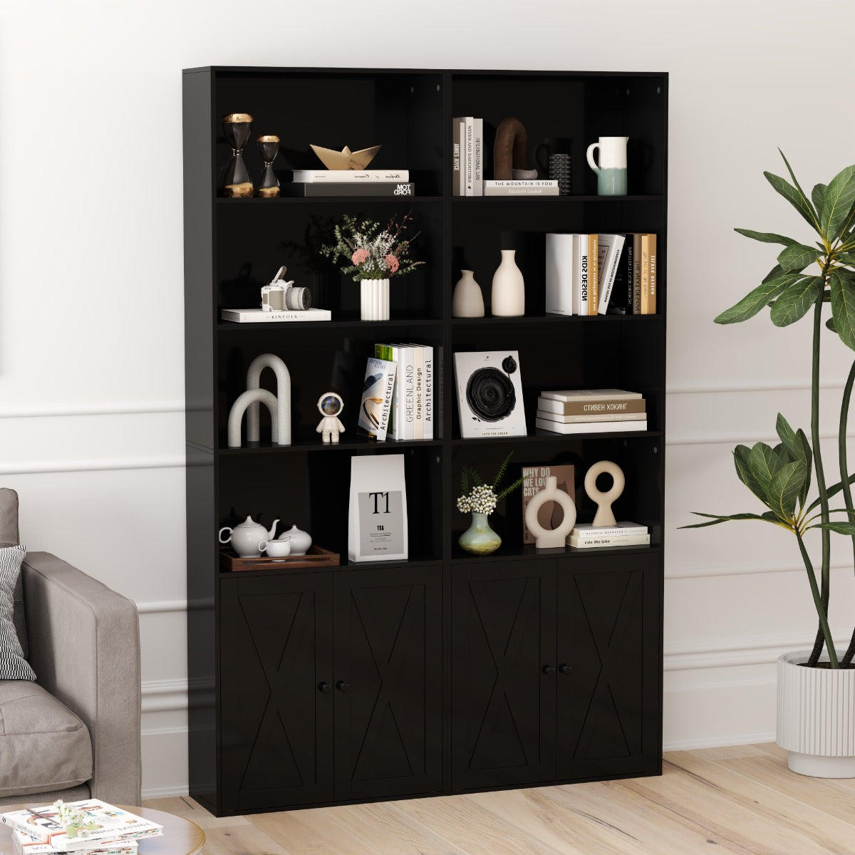180cm Freestanding Farmhouse Bookcase with Doors 6 Shelves-Black