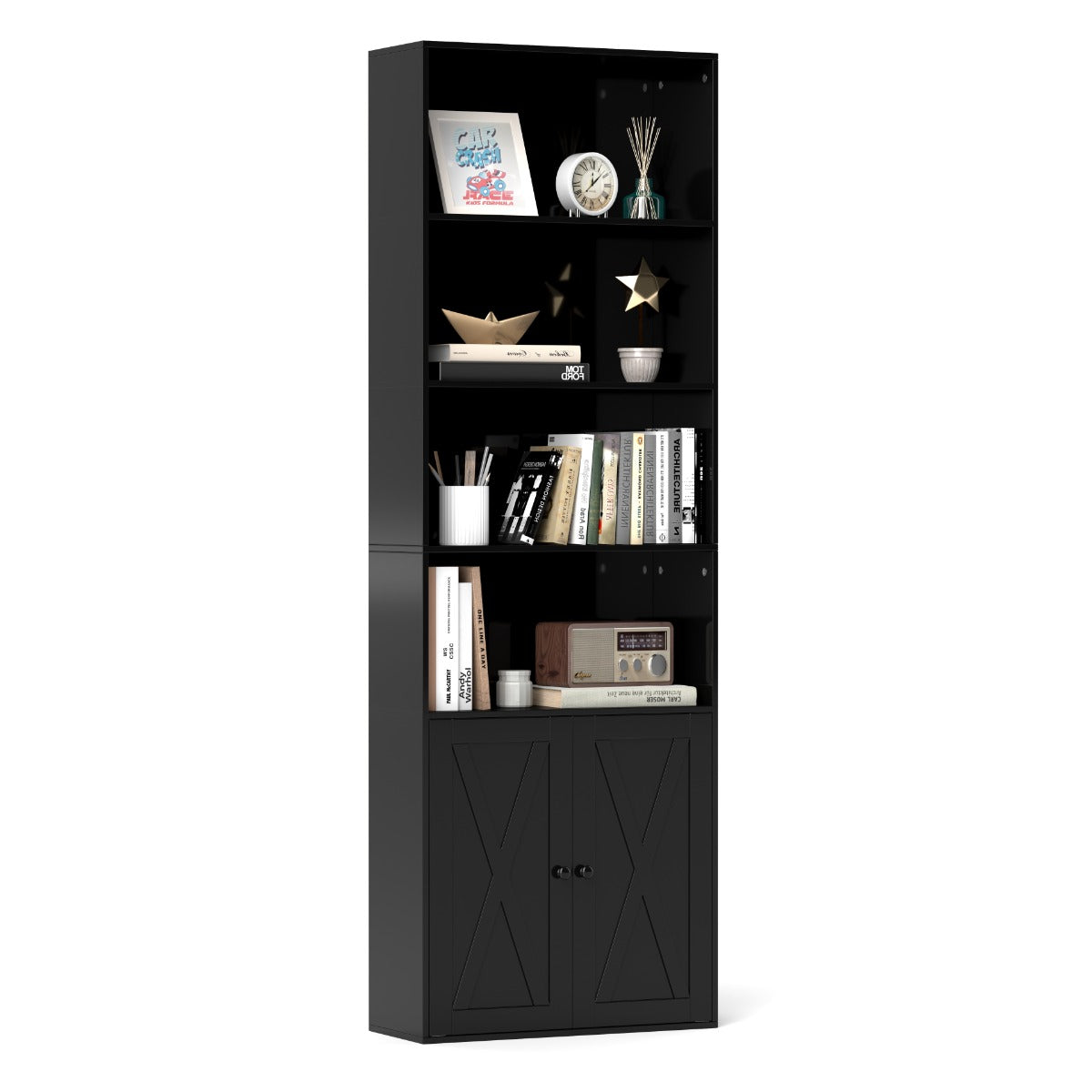 180cm Freestanding Farmhouse Bookcase with Doors 6 Shelves-Black