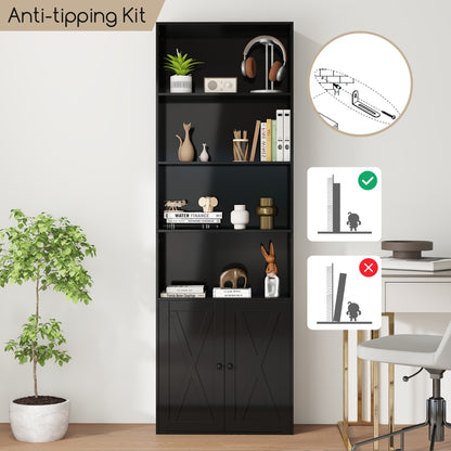 180cm Freestanding Farmhouse Bookcase with Doors 6 Shelves-Black