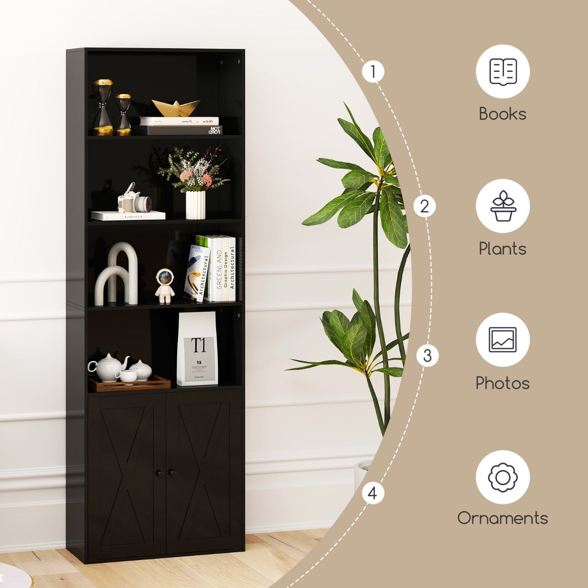 180cm Freestanding Farmhouse Bookcase with Doors 6 Shelves-Black