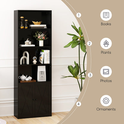 180cm Freestanding Farmhouse Bookcase with Doors 6 Shelves-Black
