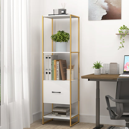 5-Tier Bookshelf with Drawer and Shelves for Bedroom Living Room-White