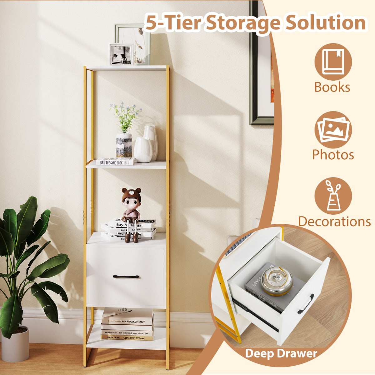 5-Tier Bookshelf with Drawer and Shelves for Bedroom Living Room-White