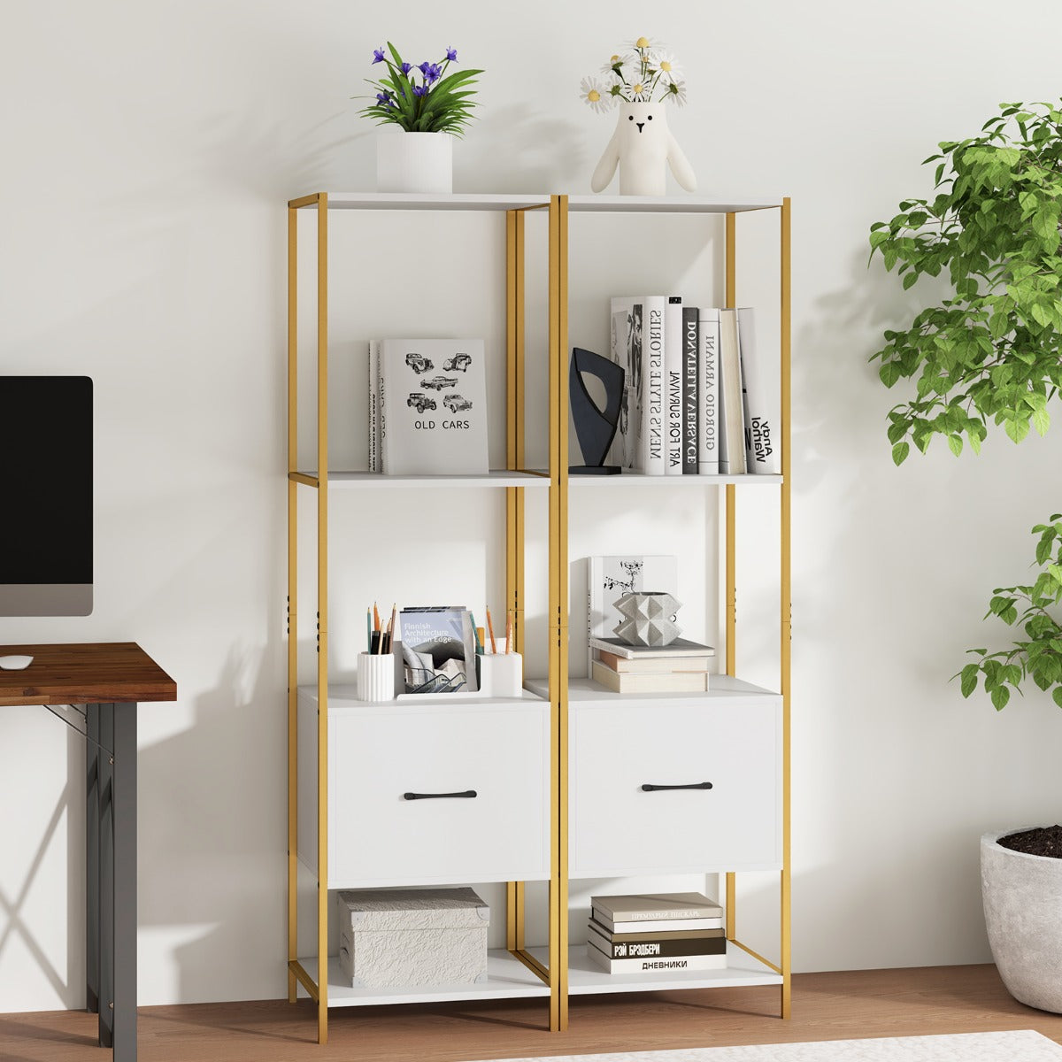 5-Tier Bookshelf with Drawer and Shelves for Bedroom Living Room-White