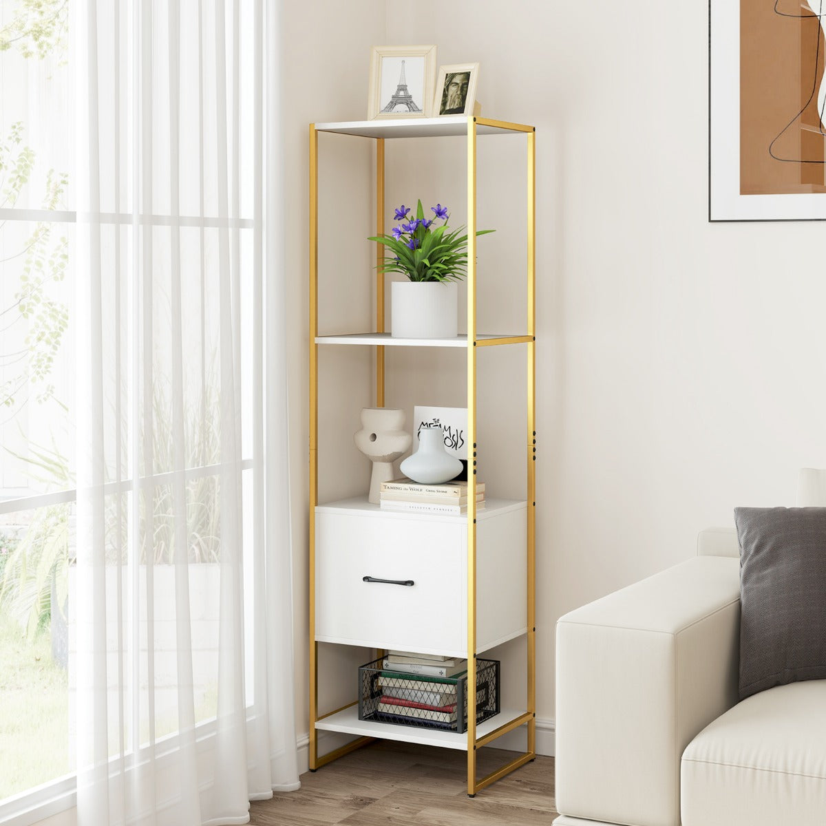 5-Tier Bookshelf with Drawer and Shelves for Bedroom Living Room-White